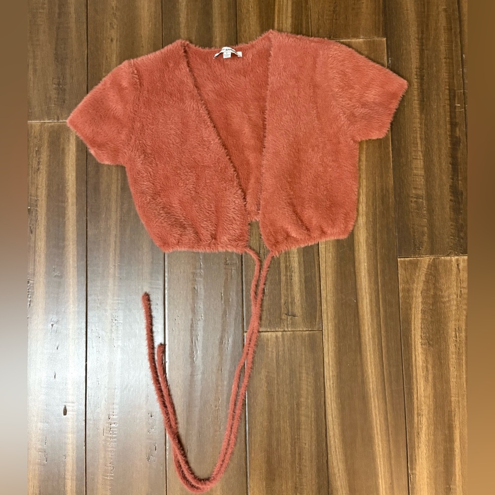 Pretty Garbage Sz L Deep Blush Fuzzy Crop Cardigan Top Middle Tie Short Sleeve